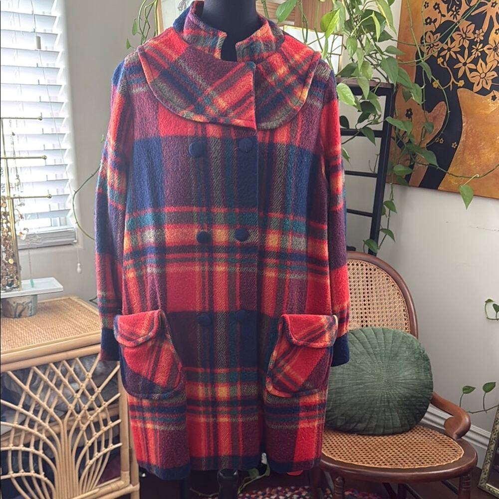 Vintage 60s Mary Redston Original Orange & Navy Preppy Plaid Button Up Pea Coat